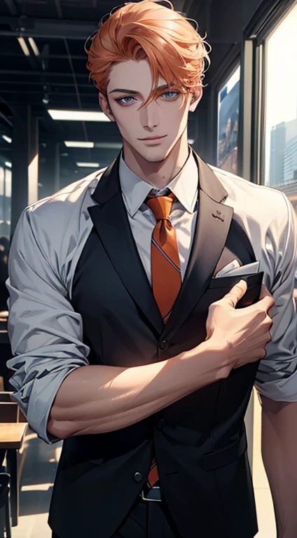 (Highest quality,4K,8K,High resolution,masterpiece:1.2),Super detailed,(Realistic,photoRealistic,photo-Realistic:1.37),1 person,31 years old,Mature Men,Beautiful skin、very handsome,Expressionless,smile,Short gray orange hair,blue eyes,Sharp Eyes,A perfect face without a doubt,Businessman,Office Background,Cinema Lighting,HDR image,tie、