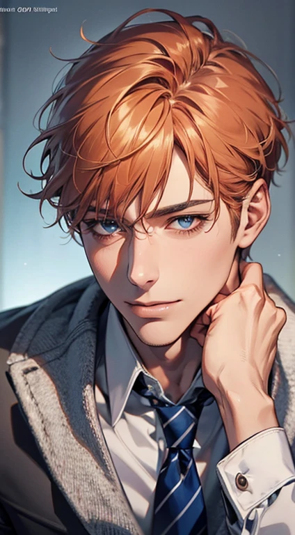(Highest quality,4K,8K,High resolution,masterpiece:1.2),Super detailed,(Realistic,photoRealistic,photo-Realistic:1.37),1 person,31 years old,Mature Men,Beautiful skin、very handsome,Expressionless,smile,Short gray orange hair,blue eyes,Sharp Eyes,A perfect face without a doubt,Businessman,Office Background,Cinema Lighting,HDR image,tie、