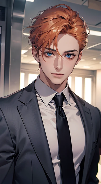 (Highest quality,4K,8K,High resolution,masterpiece:1.2),Super detailed,(Realistic,photoRealistic,photo-Realistic:1.37),1 person,31 years old,Mature Men,Beautiful skin、very handsome,Expressionless,smile,Short gray orange hair,blue eyes,Sharp Eyes,A perfect face without a doubt,Businessman,Office Background,Cinema Lighting,HDR image,tie、
