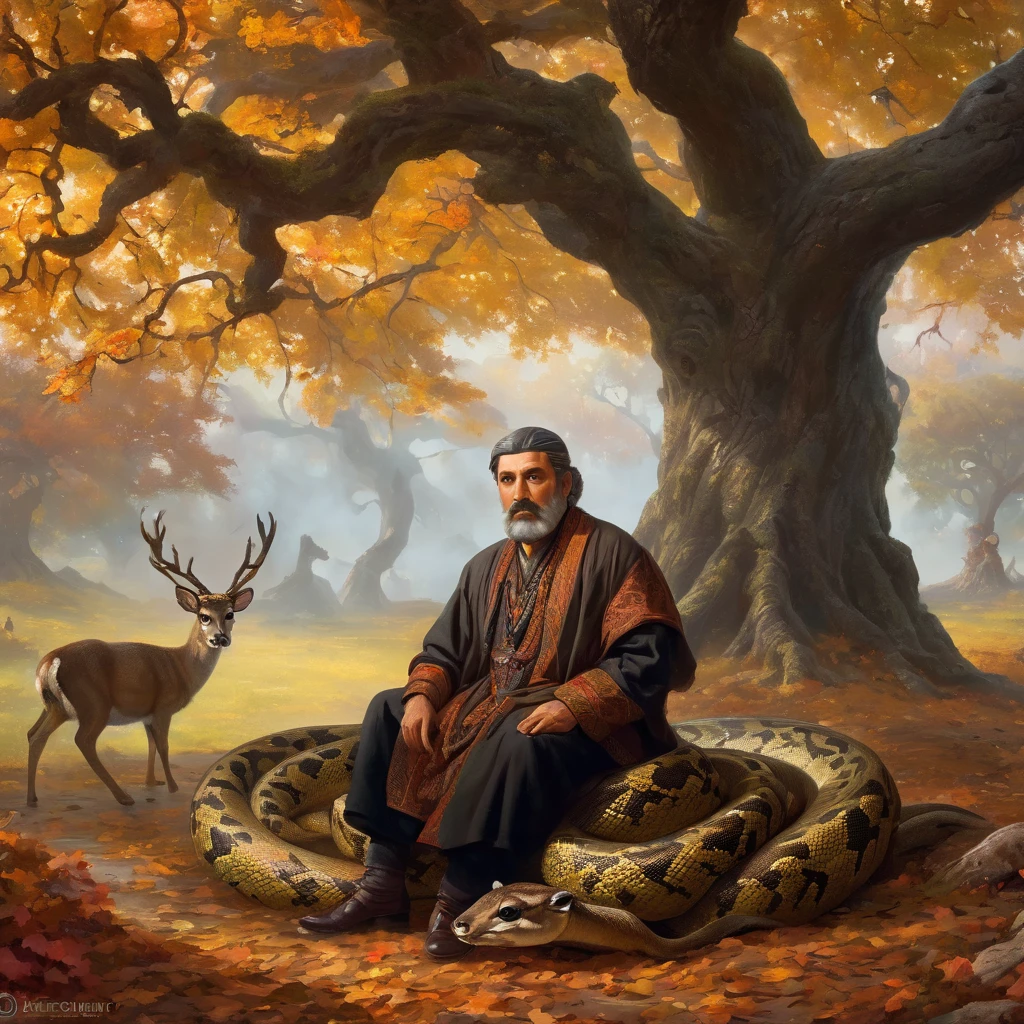 Georgian nationality, Middle-aged man in traditional Chokha outfit, with serious face, looking forward, under a giant oak tree, bound by a giant snake, holding a baby deer, Autumn, leaves on ground, in the style of Albert Bierstadt, artistic, cinematic, very detailed, bright colors, superior quality, intricate detail, highly worthy, rich light, beautiful romantic atmosphere, glowing, with more detail, high quality, mystical mist around the oak, snake's eyes glowing with an otherworldly light, and ancient ruins in the background
