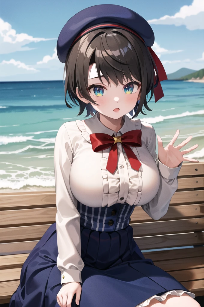 masterpiece, Highest quality, High resolution, Husbar, short hair, Hair Ribbon, Blue hat, Red bow tie, Center frill, Frilled shirt, White shirt, Long sleeve, High Waist Skirt, Blue Skirt, Checked skirt, Sitting, bench, Outdoor, wave hands、Huge breasts