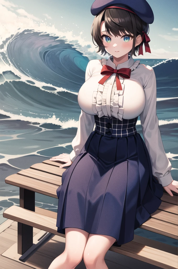 masterpiece, Highest quality, High resolution, Husbar, short hair, Hair Ribbon, Blue hat, Red bow tie, Center frill, Frilled shirt, White shirt, Long sleeve, High Waist Skirt, Blue Skirt, Checked skirt, Sitting, bench, Outdoor, wave hands、Huge breasts