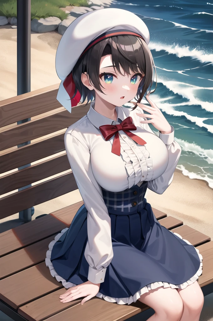 masterpiece, Highest quality, High resolution, Husbar, short hair, Hair Ribbon, Blue hat, Red bow tie, Center frill, Frilled shirt, White shirt, Long sleeve, High Waist Skirt, Blue Skirt, Checked skirt, Sitting, bench, Outdoor, wave hands、Huge breasts