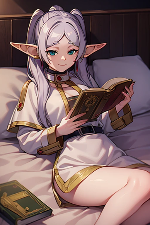 lying on her bed, with white transparent shirt, naughty smile , elf ears , with a condom in your mouth , holding a magic book , 