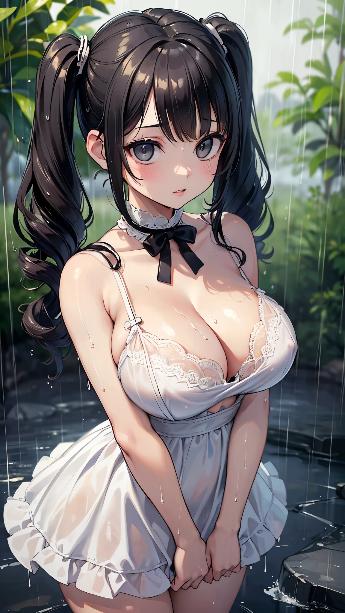 (masterpiece: 1.3, highest quality, super high resolution, very detailed), (realistic, photorealistic: 1.4), beautiful illustration, perfect lighting, natural light, border depth, beautifully detailed hair, beautifully detailed face, beautiful details, beautiful body, firm breasts, beautiful thighs, beautiful legs, beautiful hands, showing to the viewer, one girl, very cute girl, (perfect anatomy, anatomically correct), cute and symmetrical face, , perfect face, perfect eyes, shiny skin, ((rainy park)), ((7 year old ((short black hair, pigtails, two side up, curly hair)), ((very large breasts)), cleavage, (((large breasts))), (wet hair), realistic, (live action, exquisite details), ((young body))), ((immature girl), ((sexy white bra)), ((open lips)), ((big black eyes)), ((White dress wet with rain)), (Cleavage), ((Soaked dress)), Standing cowboy shot