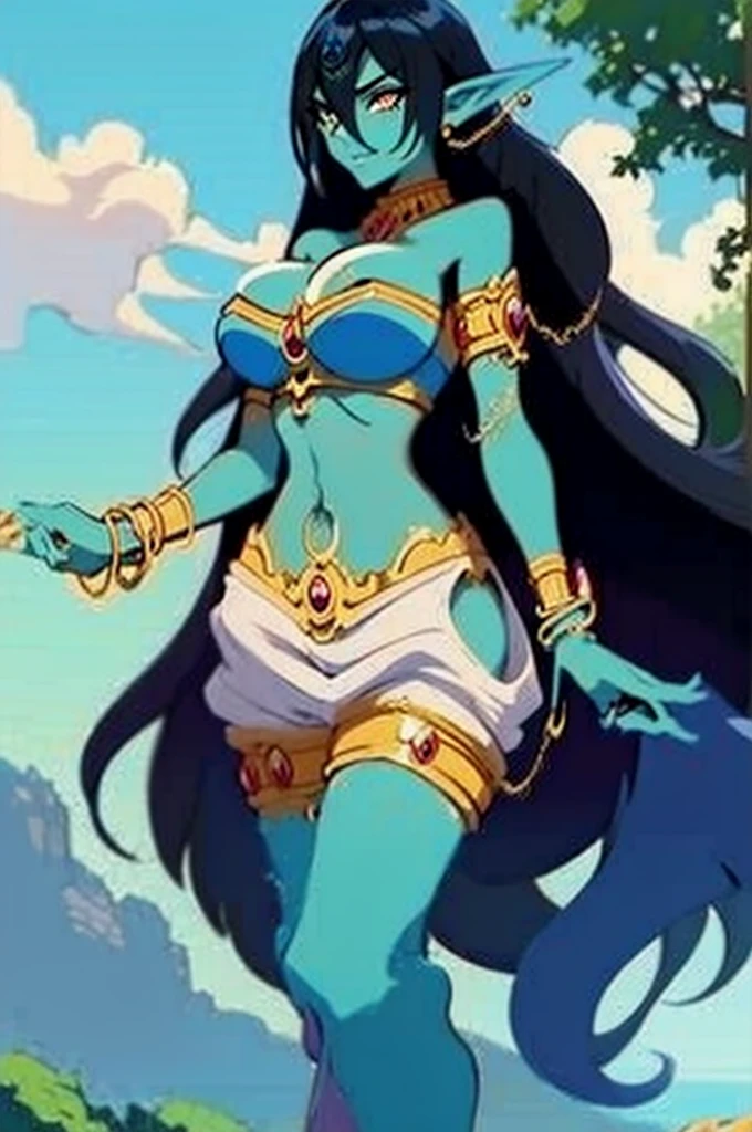 (Masterpiece, best quality, official art, 8K), ultra-detailed, a cartoon image of a golden-skinned female Djinn with blue hair and a chain around her neck, Human Hybrid Djinn, ((((sky blue skin)))), skin genie girl sky blue, alone, Krenz Cushart and Artgerm, aesthetics!!!!!!, female genius, she is huge, beautiful girl genius, artgerm comics, colorful artgerm!!!, artgerm style, in the artgerm style, artgerm style, Asian Water Elemental Woman, Goddess Inanna, The Greek goddess Afrotita, aesthetic!!!!!!, (1 Female Genie Djinn), (Big Breasts), Beautiful Genie, Evil Goddess, Djinn Character, Detailed Body, Cuffs with Hanging Chains, Colorful Concept Art, Spiritual Fantasy Concept Art, female genie, (blue hair), Sky blue skin, Djinn girl, (Sky Blue Skinned Elf-Djinn).