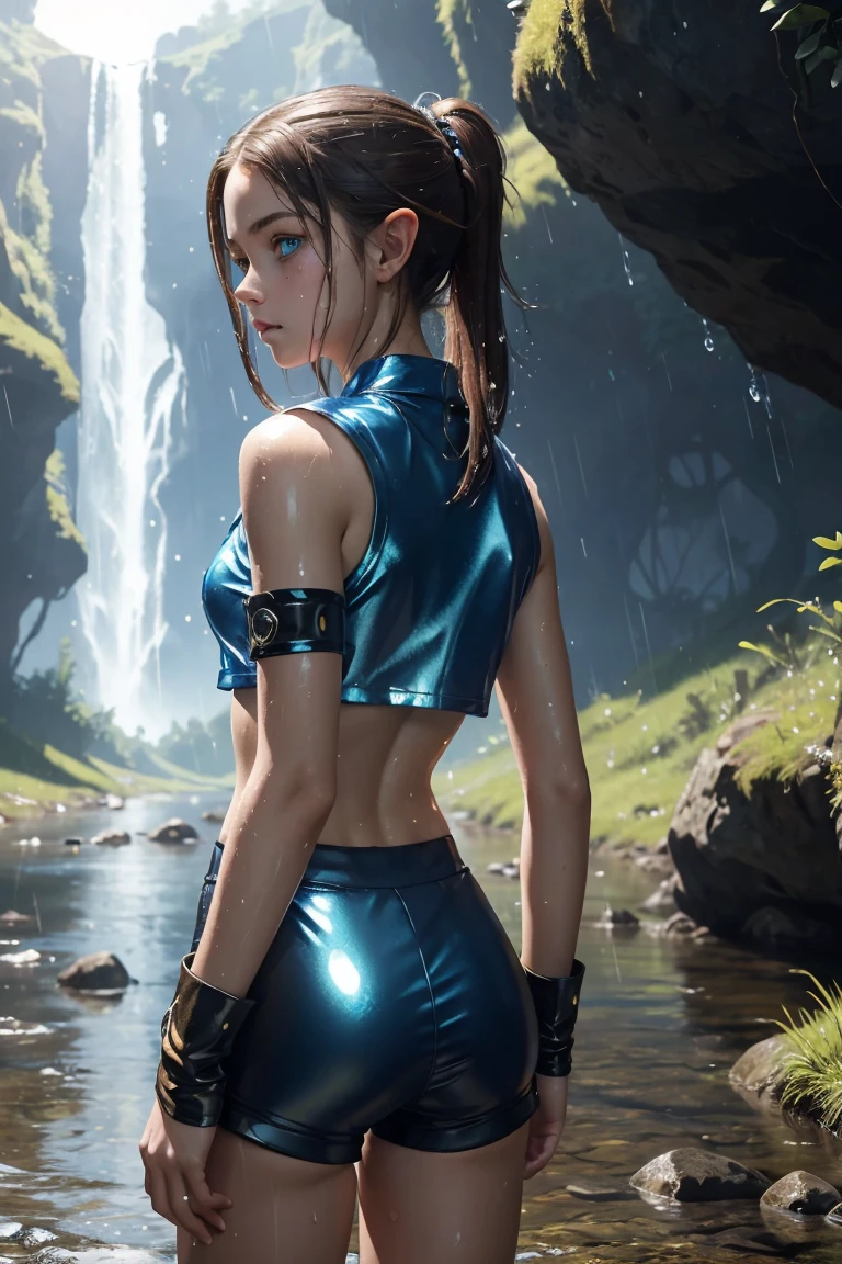 masterpiece. 4k. highly detailed epic fantasy oil painting of beautiful girl. sparkly blue eyes, freckles. detailed stylish suit,
shiny reflective leather shorts for the summer. crop top shirt. athletic. Hyrule motif. lying on creek. sweating. rain. river. wet.
from the back, looking back.