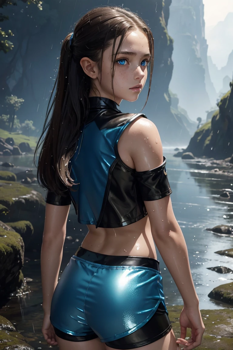 masterpiece. 4k. highly detailed epic fantasy oil painting of beautiful girl. sparkly blue eyes, freckles. detailed stylish suit,
shiny reflective leather shorts for the summer. crop top shirt. athletic. Hyrule motif. lying on creek. sweating. rain. river. wet.
from the back, looking back.