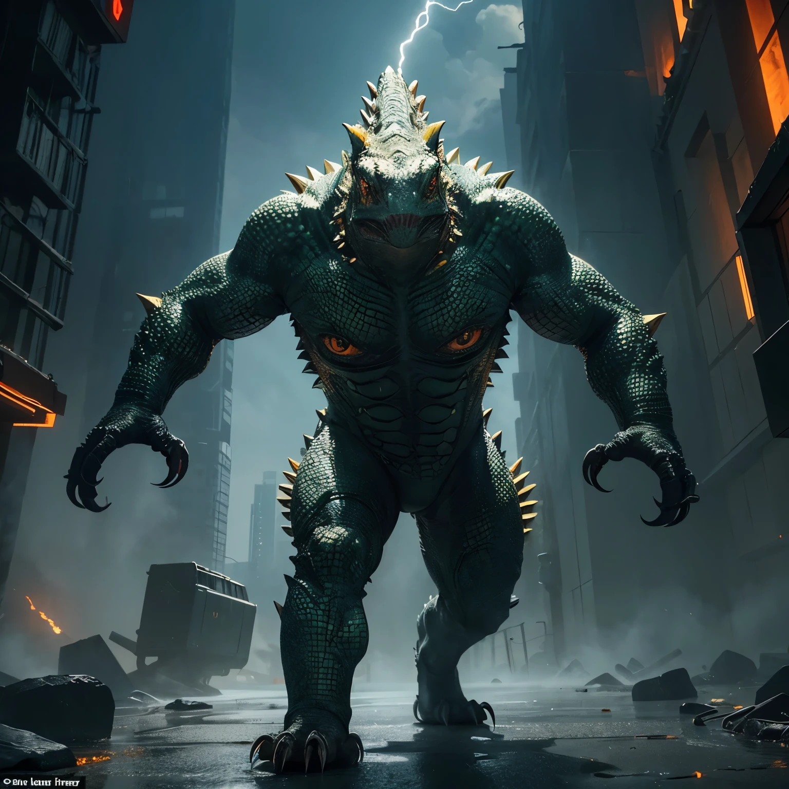 A towering, fierce Kaiju Iguana, exuding power and menace in every scale and spike. This 3D model captures the creature in stunning detail, from its razor-sharp teeth to its thunderous footsteps. The intricately textured skin shimmers with hints of green and gold, while fiery eyes glare with a primal intensity. This digital masterpiece immerses viewers in the world of giant monsters, highlighting the ferocity and majesty of this monstrous reptile.

