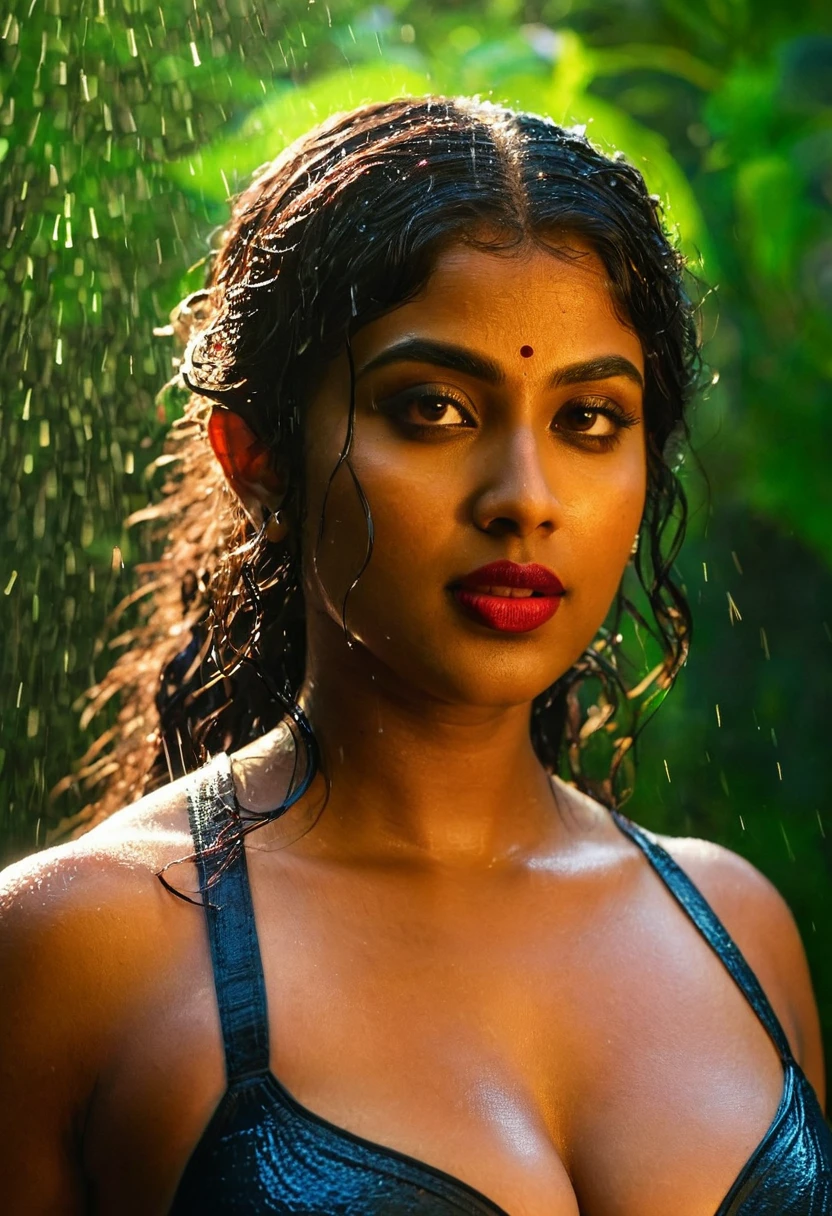 (((photo of a ancient kerala crowned temple goddess ))),blackmagic,  dark blue tall sci-fi fern forest, (((black kali))) , (((Half Body))), blue glowing flies, dancing   (((very dark skin))), (((age 35+))), (((plus size chubby tall))), ((volume lights))), (((huge busty milky wet big massive boobs))), (((nude thick thigh))), (((ancient black panties))), ((black skin dark body)), (((red ornaments))), (((depth of field))), ((( flame bokeh))), (((rain))), ((( flashing light leaks))), (((divine))), photorealistic,photo, realism, Getty Images, RAW candid cinema, 16mm, colour graded portra 400 film, remarkable colour, ultra realistic, textured skin, remarkable detailed pupils, realistic dull skin noise, visible skin detail, skin fuzz, dry skin, shot with cinematic,light leaks, RAW Image, DOF, depth of field,bokeh,18yo girl