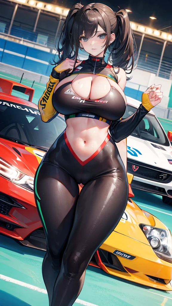 racing model, huge tits , tight-fitting clothing, Advertising, cars, Speedway, camel toe