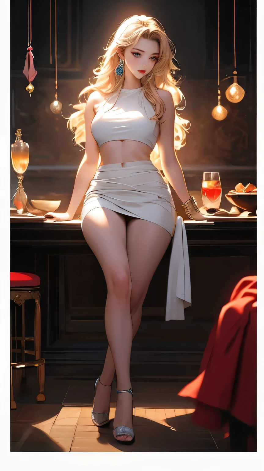 Has long blonde hair、Very beautiful young femme fatale, Long bangs, blue eyes, Wear light summer clothes. romantic. masterpiece. Full body image. Facial details. masterpiece, Perfect, Realism, Full body painting, Study in detail, 8K. Full body image, Realistic images, Dynamic Image, detailed picture. Very detailed illustrations, 最高品質の真のmasterpiece, carefully drawn. Anime style.She spread her long hair, White, Side slits make your legs look slimmer、Navel、Huge breasts、Tattoo、Clear nipples、Thin body、{Slightly tight abdominal muscles}、(Drooled a lot)、Large Swinging Earrings、Stand up straight、Visible nipples、Camel toe、Lift up your skirt、mischief、
