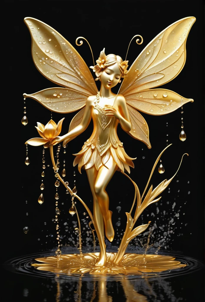 Beautiful golden flower,with water drops,a tiny fairy(full body) is gracefully holding the flower, pitch black background,(art work),(refined details),(high quality)