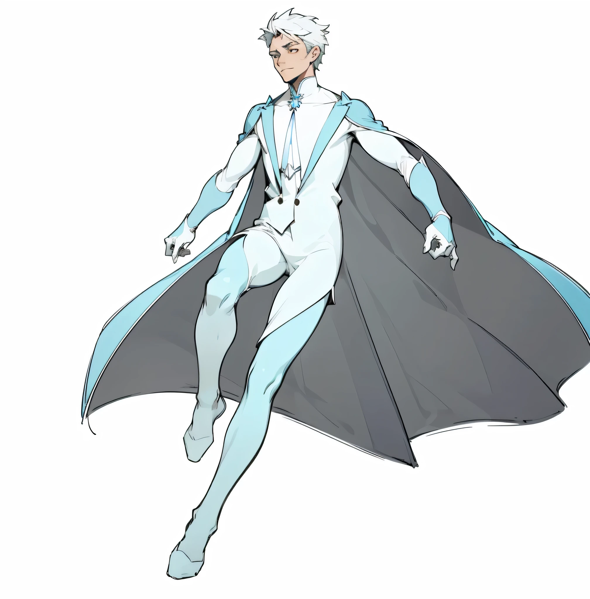 A man in white clothes.  He has a cape. Your outfit has blue details. 