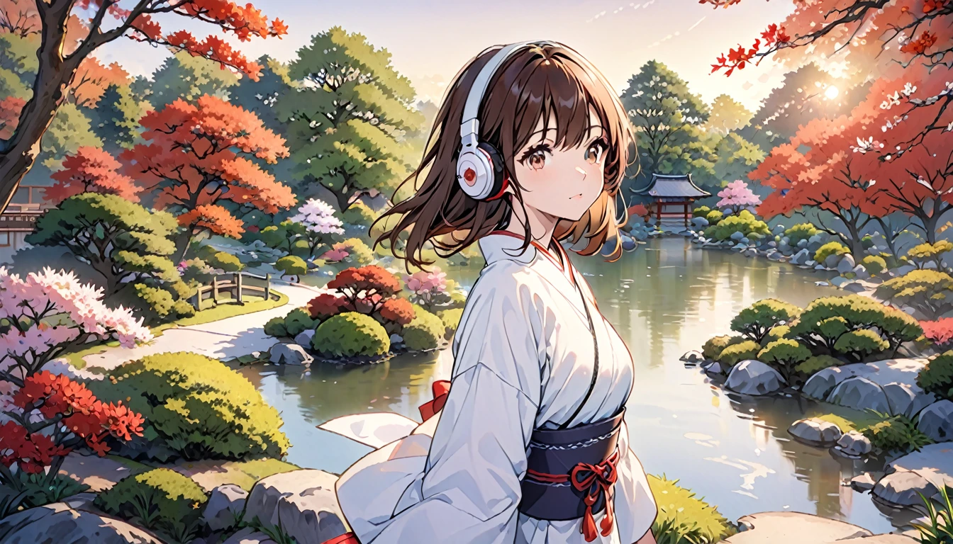 Girl wearing headphones,Brown Hair,1 person,bright,Japanese garden,evening