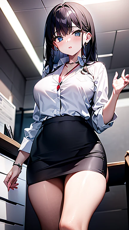 (8K、Best image quality、Highest quality、masterpiece)、Detailed face、 1 Girl、Attractive office lady,Mature Woman,28 years old,Black Hair、Long Hair、Diagonal bangs、Slender figure,Small breasts,(White T-shirt))、Cleavage、errect nipples,((Grey pencil skirt:1.2))、skirt lift,Thighs,Angle from below、office、