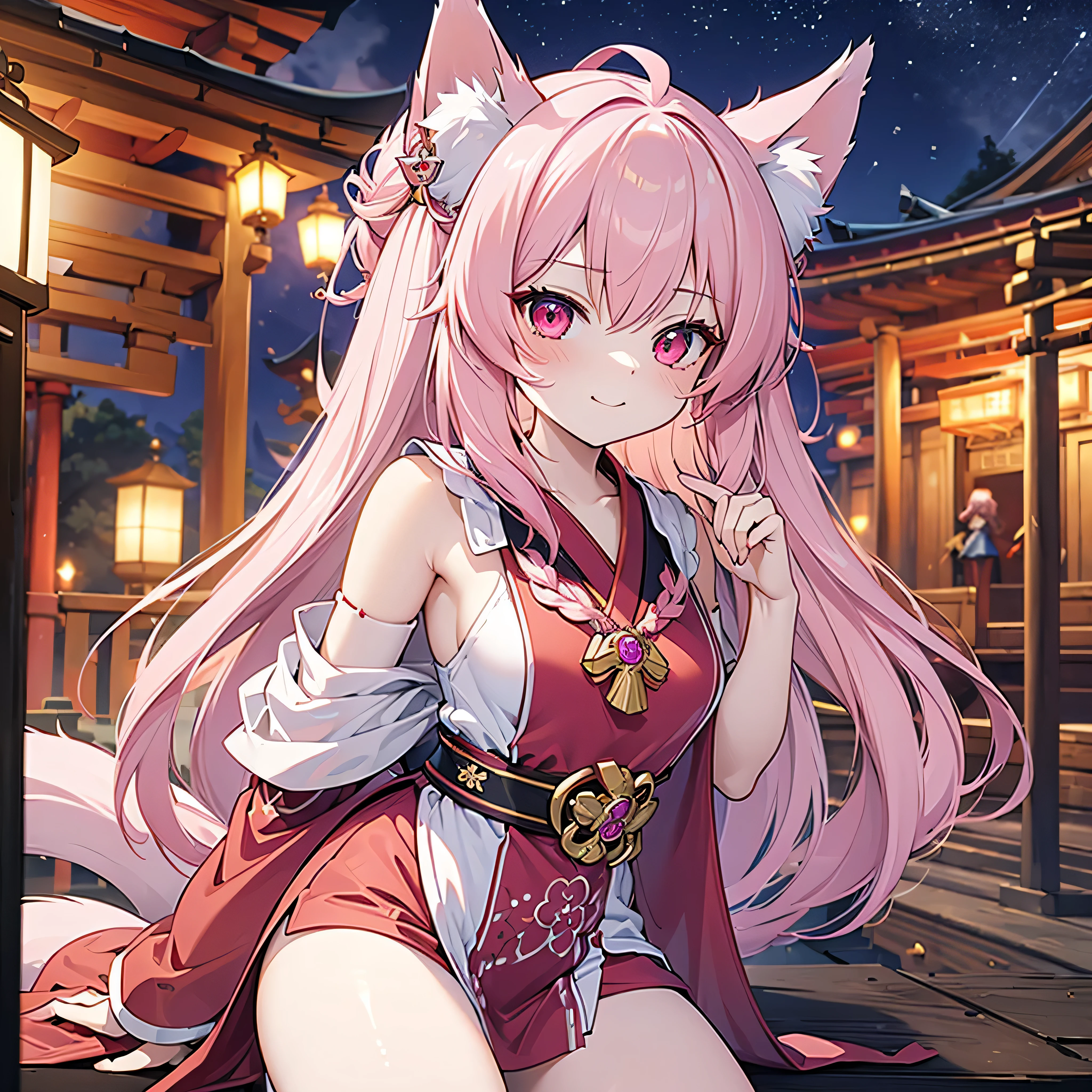 ((masterpiece)), ((Best Quality)), (Ultra-detailed), Anime style, Cute , 1girl in, Solo, fox maiden, shrine, maiden, pink color fur, miko clothing, fox ears, night, lanterns, pink hair color, , blood red eyes, smirk