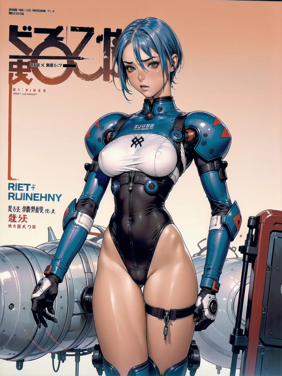 ((best qualityer)), (((clothes 100% baby blue))), (((slim))), (Muscles), (((Red suit))), ((Perfect masterpiece)), (detailded: 1.4), (absurdrez), (((blue and white bob hair))), (((full body fitness, neckline showing part of the breasts)), (((short hair woman, blushful))), 21 year old woman, beautiful sexy woman, giant robot pilot, wild with perfect corpo fitness, wearing small mecha battle armor clothes, tiny thong, Simon Bisley styled for the cover of Heavy Metal magazine, clothing with Japanese cyberpunk graphic patterns, Halftone pattern and vertical stripes, earth tone, exiting the body of a giant robot