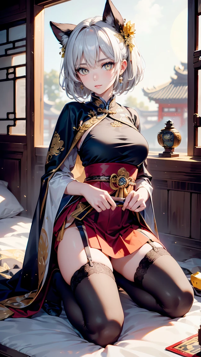 A very beautiful 19 year old woman, ((white hair)), bob haircut, shorth hair, ((big yellow eyes:0,8)) ((light light yellow eyes:0,3)) ((bright yellow eyes:0,3)) red nails, young and beautiful face, brawny, slim body, but well proportioned, perfect white skin, high detailed drawing, lifelike face. (((Wearing traditional Chinese imperial clothing, black with gold decorations:0,8))) ((black clothes with gold details, com red skirt:0,5)) ((black cloak with golden decorations, com red skirt:0,5)) ((black dress with gold details, com red skirt,)) (((red skirt com detalhes dourados:0,8))) ((red skirt with gold details:0,3)) ((red skirt:0,3)) ((with red Hanafuda earrings:0,5)) ((black garter belt with thigh high stockings:0,5)) Kneeling on a white bed in an ancient Chinese room, at night with the full moon and stars visible through the window at night, with flashes of light reflecting off your body. 4k anime art, perfect lighting.