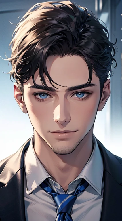(Highest quality,4K,8K,High resolution,masterpiece:1.2),Super detailed,(Realistic,photoRealistic,photo-Realistic:1.37),1 person,31 years old,Mature Men,Beautiful skin、very handsome,Expressionless,smile,Short gray 4ed hair,blue eyes,Sharp Eyes,A perfect face without a doubt,Businessman,Office Background,Cinema Lighting,HDR image,tie、
