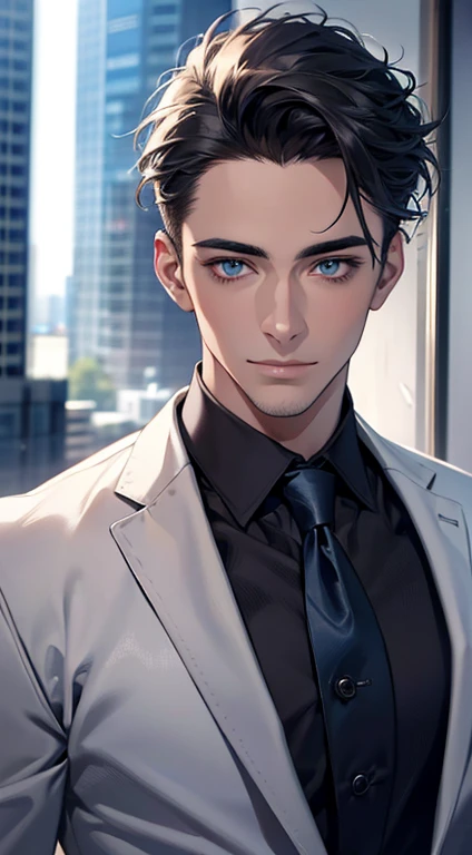 (Highest quality,4K,8K,High resolution,masterpiece:1.2),Super detailed,(Realistic,photoRealistic,photo-Realistic:1.37),1 person,31 years old,Mature Men,Beautiful skin、very handsome,Expressionless,smile,Short gray 4ed hair,blue eyes,Sharp Eyes,A perfect face without a doubt,Businessman,Office Background,Cinema Lighting,HDR image,tie、