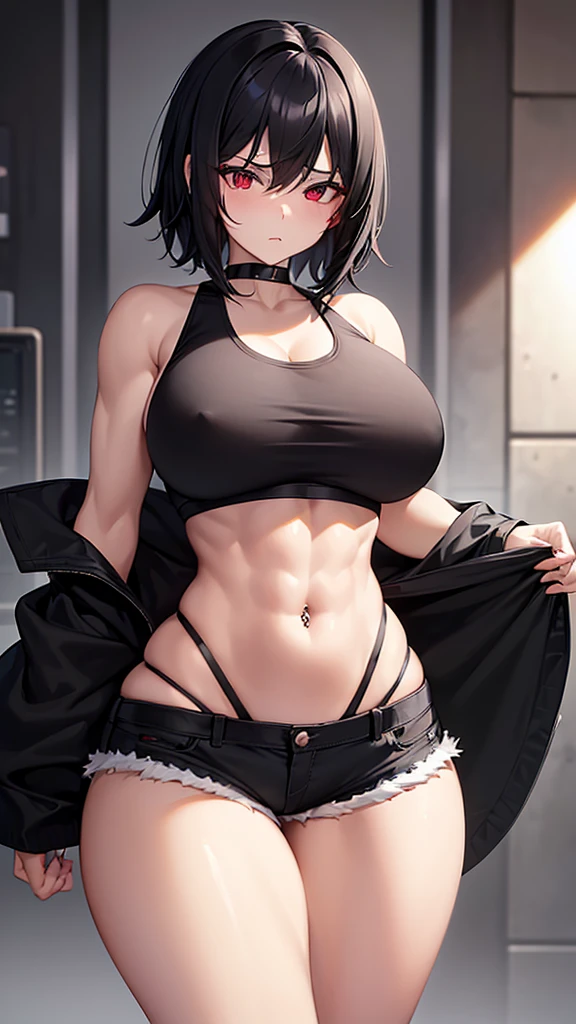 1 girl, muscular, black hair, red eyes, pale skin, solo, short shoulder length hair, curvy, wide hips, thick thighs, very huge breasts, black choker, black crop top, black jean booty shorts, sultry, navel piercing, midriff abs
