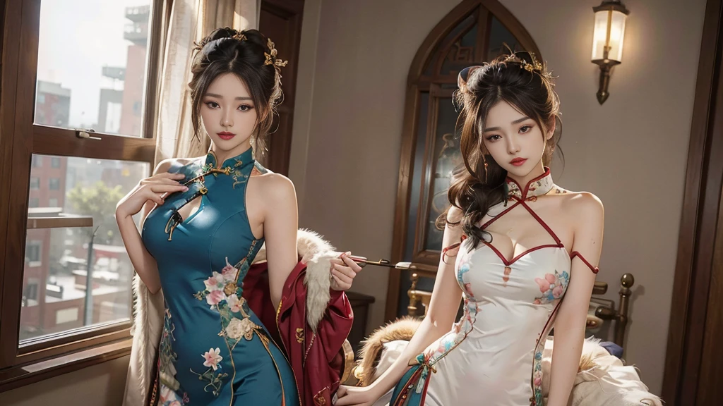 (From outside), many colors,The best quality at the best.,Masterpiece,realistic photography,complicated details,RAW Photographer,cut,Gorgeous cheongsam in many colorss,extra wide fur,cropped shoulders,delicate face,expose cleavage,Decorations,Stand by the window,and cheongsam,cord,Undress,Decorations,exposing thighs,closeup from the front,looking to the camera