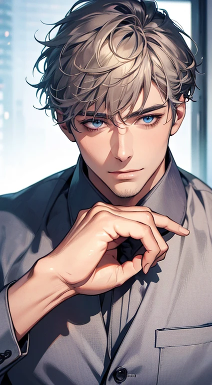 (Highest quality,4K,8K,High resolution,masterpiece:1.2),Super detailed,(Realistic,photoRealistic,photo-Realistic:1.37),1 person,31 years old,Mature Men,Beautiful skin、very handsome,Expressionless,smile,Short gray hair,blue eyes,Sharp Eyes,A perfect face without a doubt,Businessman,Office Background,Cinema Lighting,HDR image,tie、