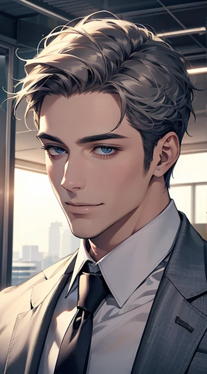 (Highest quality,4K,8K,High resolution,masterpiece:1.2),Super detailed,(Realistic,photoRealistic,photo-Realistic:1.37),1 person,31 years old,Mature Men,Beautiful skin、very handsome,Expressionless,smile,Short gray hair,blue eyes,Sharp Eyes,A perfect face without a doubt,Businessman,Office Background,Cinema Lighting,HDR image,tie、