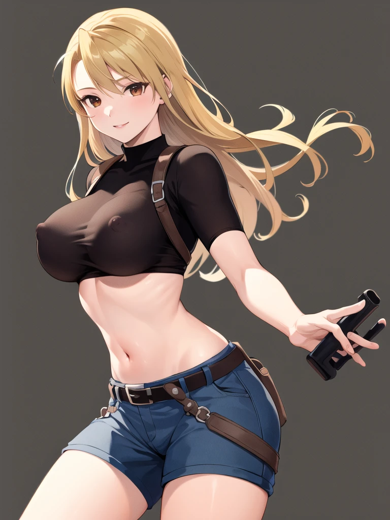 simple background,underboob,show off nipples,masterpiece, best quality, highres, 1girl, hmriza, long hair, brown eyes, large breasts, black shirt, tight shirt, holster, short sleeves, belt, covered navel, blue pants, smile, town, 