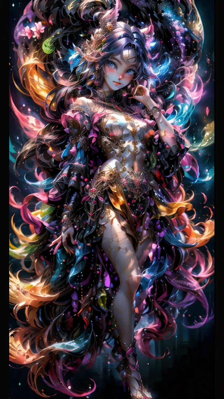 An ultra-realistic and ultra-detailed, Extra- Vibrant, (Legendary Vivid Neon Multicolored Psychedelic Masterpiece), ((full body portrait)), Running, (Dynamic Angle), best quality, (Angled View), 1girl, She is a Gorgeous Magical Alchemist, a very noble Caucasian lady, ringed silver eyes, Calm, half closed eyes, thin body, slim waist, small breasts, (bare legs), Awesome Black Hair, a confident smile, ((HOLDING A GORGEOUS COLORFUL RAINBOWLUMINESCENT GALAXY IN HER HANDS)), Celestial Star Map, highly detailed expensive wizard's skirt, Running, beautiful, dramatic, backlighting, night, midnight, (Multitude Of Stars), beautiful fantastic night view, (ultra-detailed, finely detailed beautiful eyes and face), high resolution, 8k UHD, perfect anatomy, perfect fingers, Highly detailed scenery, Highly detailed background, perspective, depth of field, atmospheric