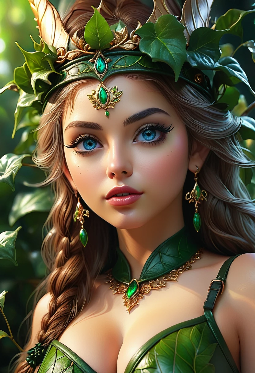 beautiful detailed eyes, beautiful detailed lips, extremely detailed eyes and face, long eyelashes, 1 girl, elf, busty, leather leaf thong, ivy crown, graphic design, 5 colors, (best quality,4k,8k,highres,masterpiece:1.2),ultra-detailed,(realistic,photorealistic,photo-realistic:1.37),fantasy,digital painting,concept art,cinematic lighting,vibrant colors,lush foliage