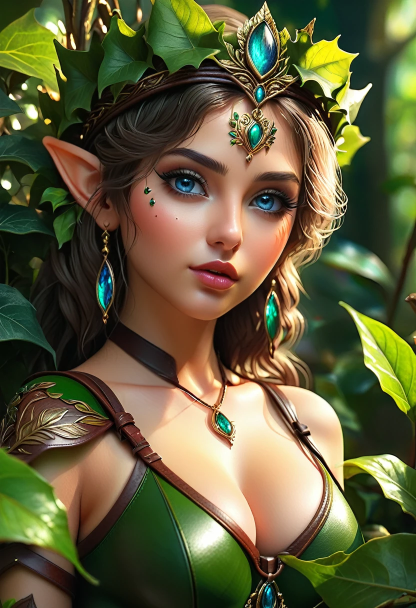 beautiful detailed eyes, beautiful detailed lips, extremely detailed eyes and face, long eyelashes, 1 girl, elf, busty, leather leaf thong, ivy crown, graphic design, 5 colors, (best quality,4k,8k,highres,masterpiece:1.2),ultra-detailed,(realistic,photorealistic,photo-realistic:1.37),fantasy,digital painting,concept art,cinematic lighting,vibrant colors,lush foliage