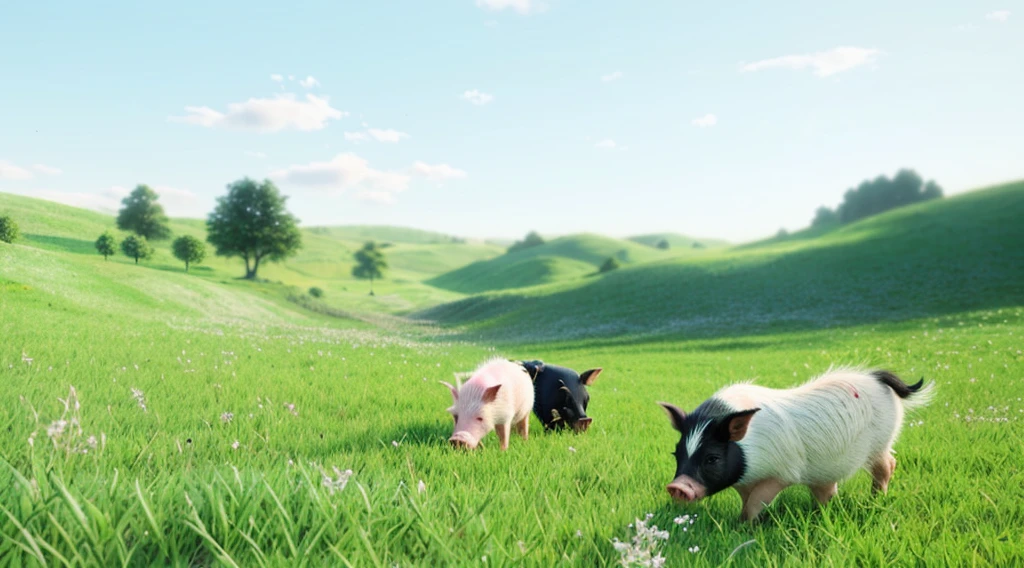 Two little pigs eating grass on the meadow