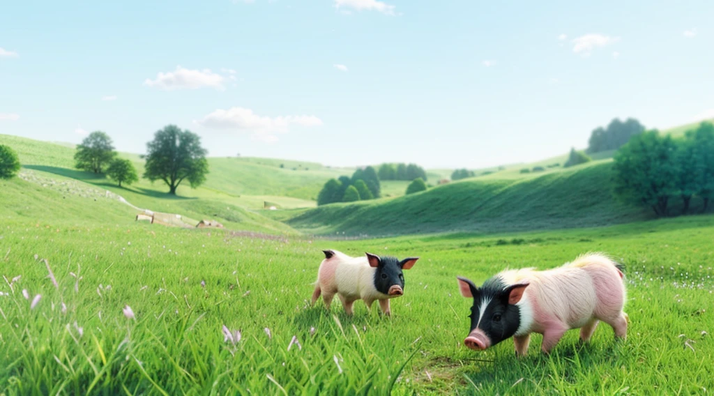 Two  pigs eating grass on the meadow