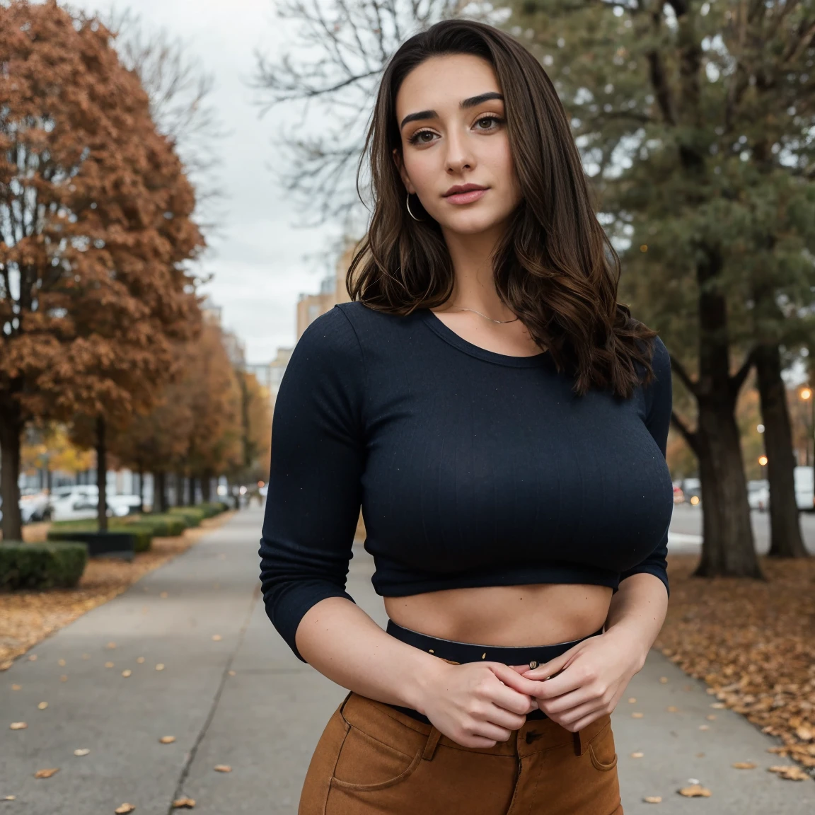 Extremely busty thin and toned brunette photographer, college girl, fair skin, swept-back hair, soft face, athletic, tight long-sleeve low-cut dark blue top, tight beige pants. standing outdoors, city park, trees, cleavage
