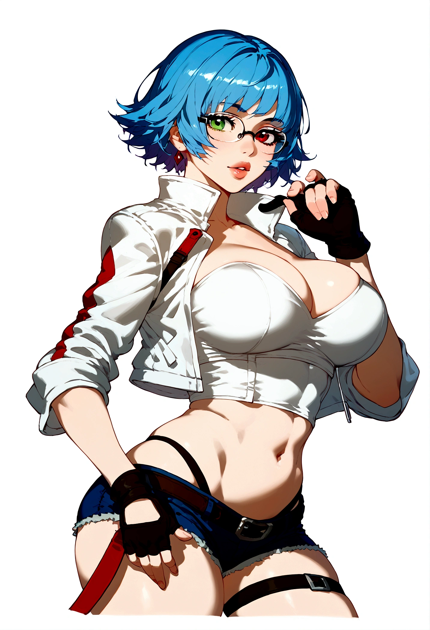 score_9, score_8_up, score_7_up, BREAK, 1girl, solo, big breasts, breasts, lips, LadyDMC5, cropped jacket, white shirt, fingerless gloves, eyewear around neck, thigh cutout, thigh gap, short hair
heterochromia, green eyes, red eyes