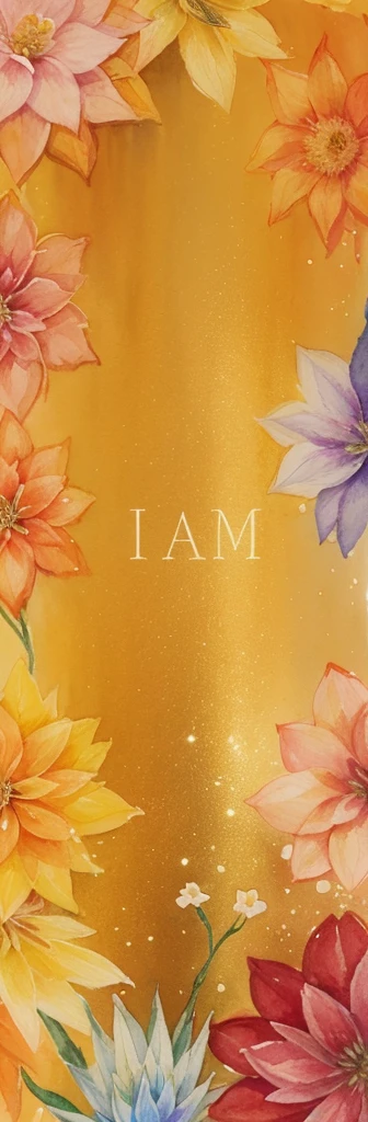 You create a minimalist image with a golden background where the marginal edges of this image are made up of watercolor flowers that do not appear in their entirety. The objective of the image is to convey reflection and self-knowledge with the central phrase "I am".  Use another flower pattern to characterize a new image. Present elements on the golden background that will offer a sense of depth and shadow. Apply a type of watermark with a flower of life geometric pattern and leave the flowers with more details.