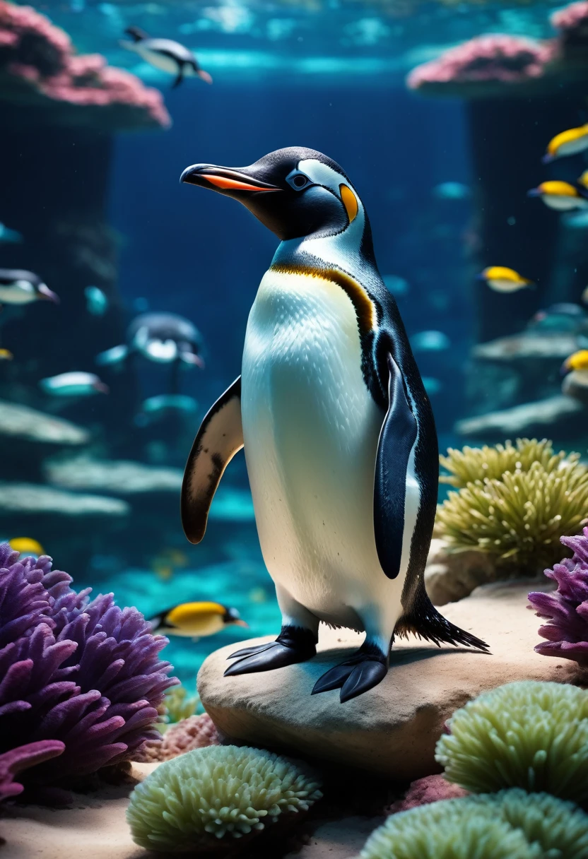 best quality,4k,8k,highres,masterpiece:1.2),ultra-detailed,penguins in the aquarium,beautiful place 