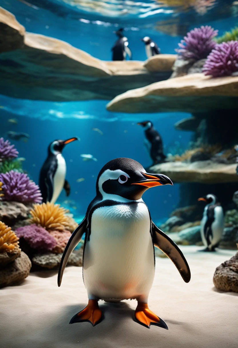best quality,4k,8k,highres,masterpiece:1.2),ultra-detailed,penguins in the aquarium,beautiful place 