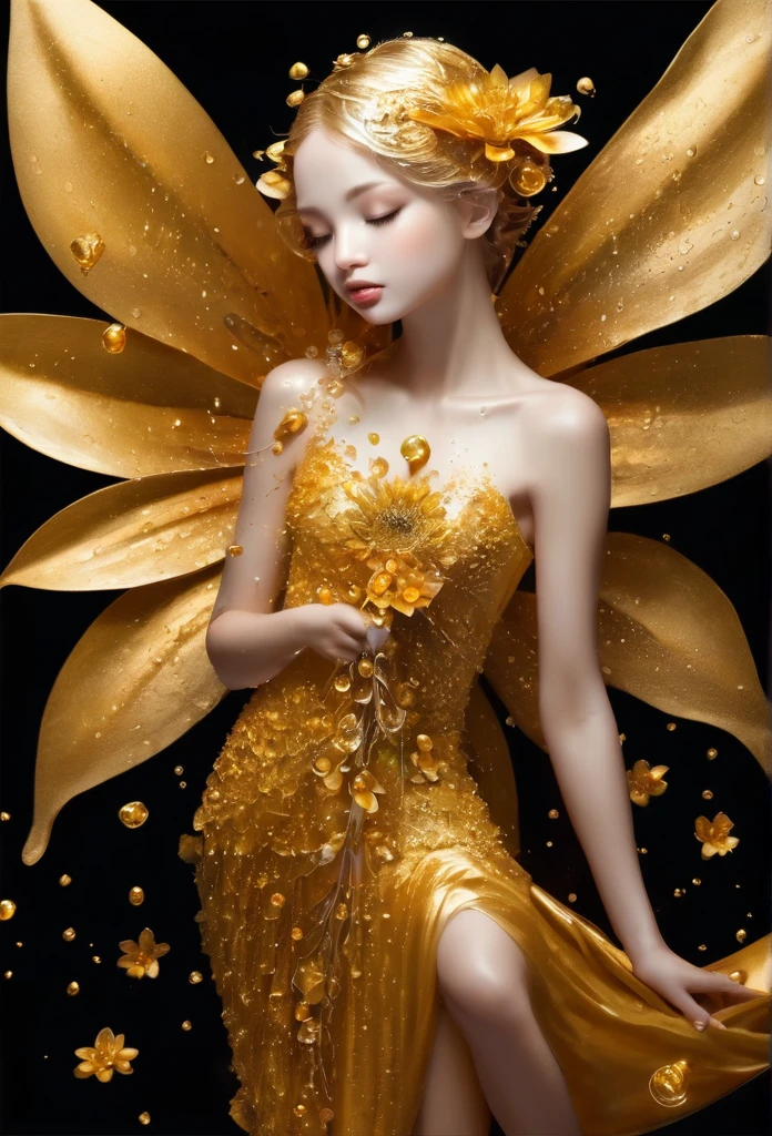 Beautiful golden flower,with water drops,a tiny fairy(full body) is gracefully holding the flower, pitch black background,(art work),(refined details),(high quality)