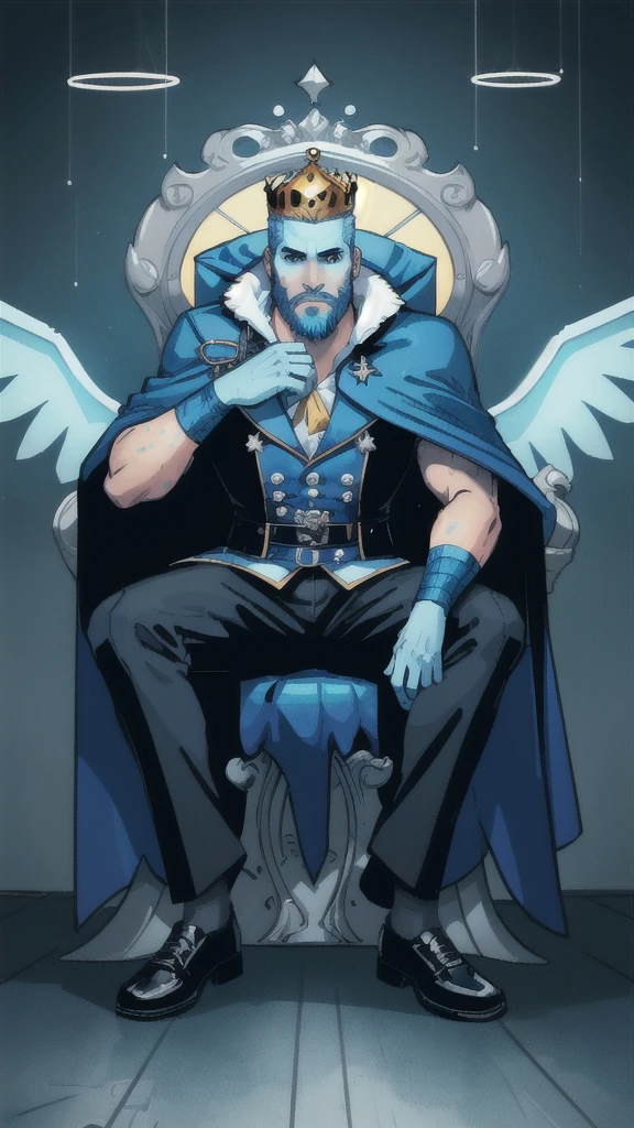 crown, throne, 1boy, sitting, male focus, bird, beard, blue skin, facial hair, penguin, solo, blue theme, cape, colored skin, white hair, Cent-Angle  NeonLighting NeonLightingScene  DemonUnderWorld Earth-QualityPos,