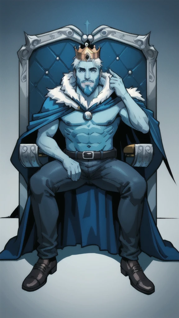 crown, throne, 1boy, sitting, male focus, bird, beard, blue skin, facial hair, penguin, solo, blue theme, cape, colored skin, white hair, Cent-Angle  NeonLighting NeonLightingScene  DemonUnderWorld Earth-QualityPos,