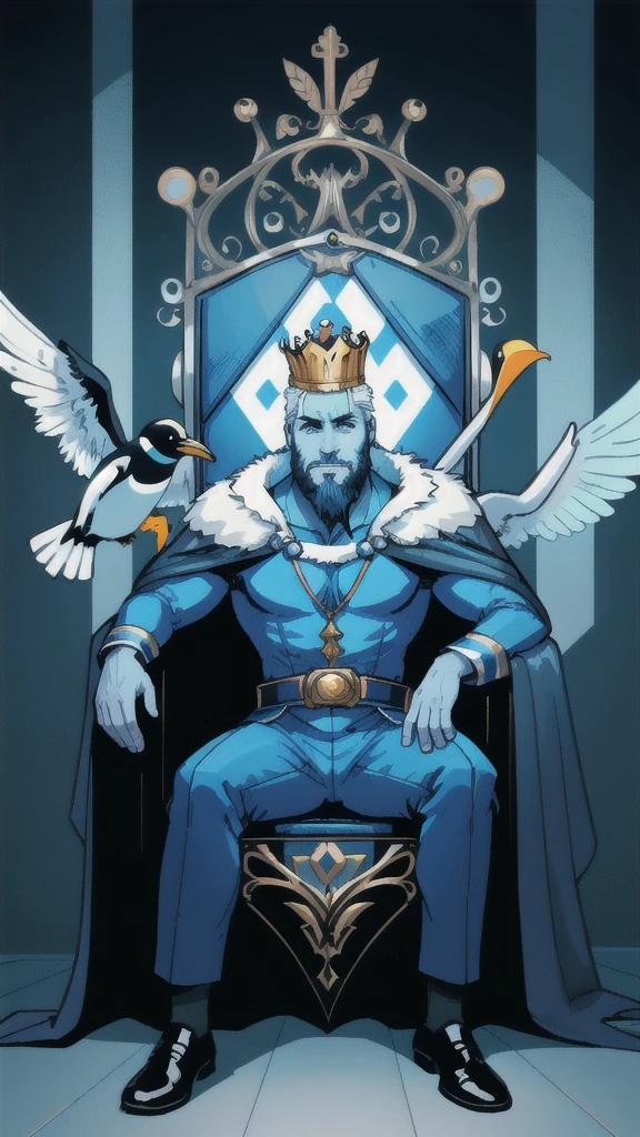 crown, throne, 1boy, sitting, male focus, bird, beard, blue skin, facial hair, penguin, solo, blue theme, cape, colored skin, white hair, Cent-Angle  NeonLighting NeonLightingScene  DemonUnderWorld Earth-QualityPos,