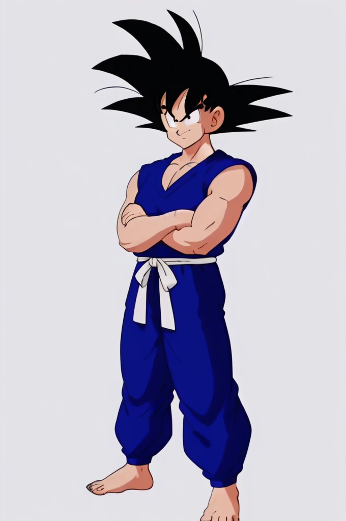 source_anime, score_9, score_8_up, score_7_up, anime screencap,8k, absurd res,
1boy, solo,
son goku, aged up, solo, simple background, black hair, 1boy, white background, standing, full body, male focus, barefoot, pants, black eyes, muscular, crossed arms, pectorals, muscular male, spiked hair, blue pants, dougi, v-shaped eyebrows, v-shaped eyes, toenails, hand on arm, white sash, blue topwear, bare arms, sleeveless