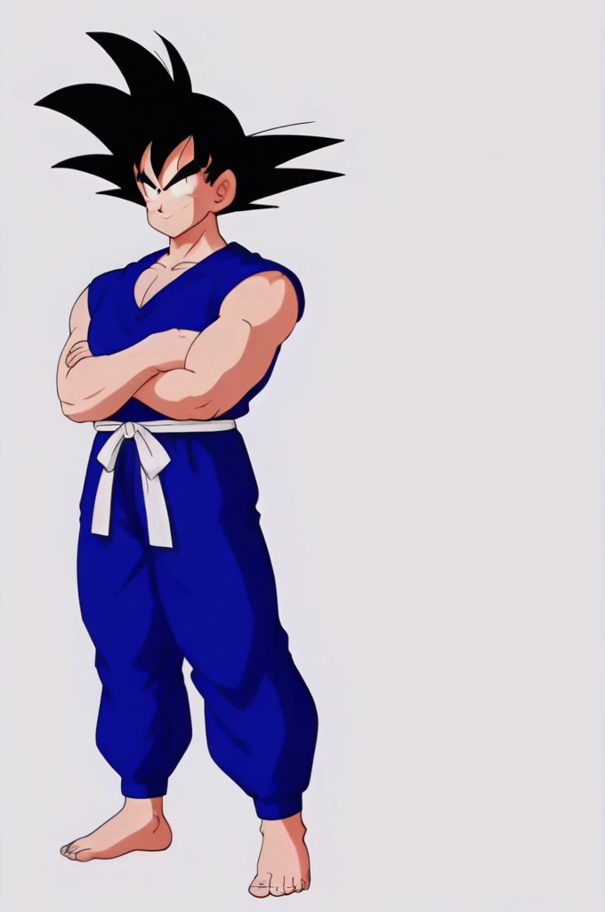 source_anime, score_9, score_8_up, score_7_up, anime screencap,8k, absurd res, 
1boy, solo, 
son goku, aged up, solo, simple background, black hair, 1boy, white background, standing, full body, male focus, barefoot, pants, black eyes, muscular, crossed arms, pectorals, muscular male, spiked hair, blue pants, dougi, v-shaped eyebrows, v-shaped eyes, toenails, hand on arm, white sash, blue topwear, bare arms, sleeveless
 