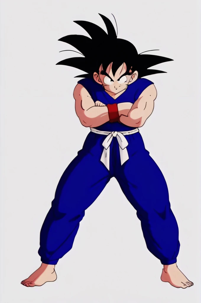 source_anime, score_9, score_8_up, score_7_up, anime screencap,8k, absurd res,
1boy, solo,
son goku, aged up, solo, simple background, black hair, 1boy, white background, standing, full body, male focus, barefoot, pants, black eyes, muscular, crossed arms, pectorals, muscular male, spiked hair, blue pants, dougi, v-shaped eyebrows, v-shaped eyes, toenails, hand on arm, white sash, blue topwear, bare arms, sleeveless