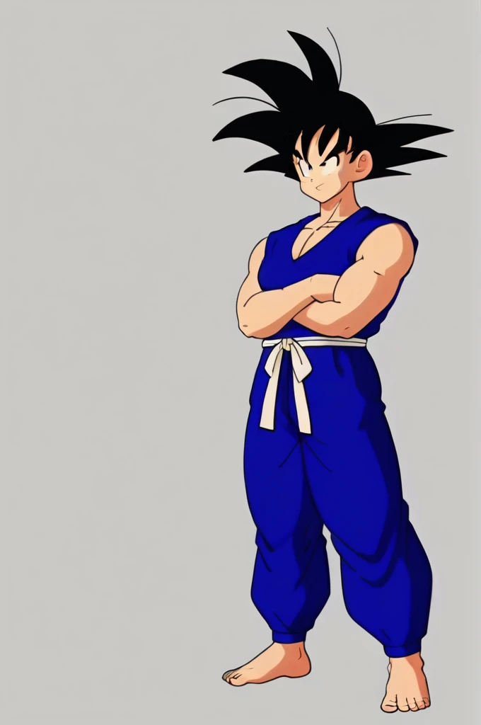source_anime, score_9, score_8_up, score_7_up, anime screencap,8k, absurd res,
1boy, solo,
son goku, aged up, solo, simple background, black hair, 1boy, white background, standing, full body, male focus, barefoot, pants, black eyes, muscular, crossed arms, pectorals, muscular male, spiked hair, blue pants, dougi, v-shaped eyebrows, v-shaped eyes, toenails, hand on arm, white sash, blue topwear, bare arms, sleeveless