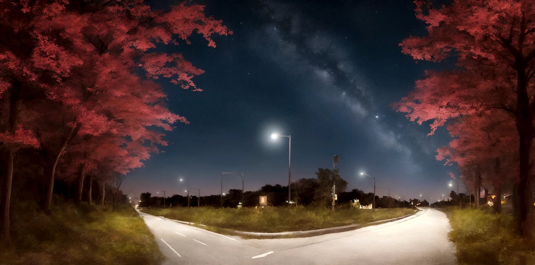 several roads in a deserted place, going in several directions, moonlit atmosphere, with a large crowd going in several different directions
