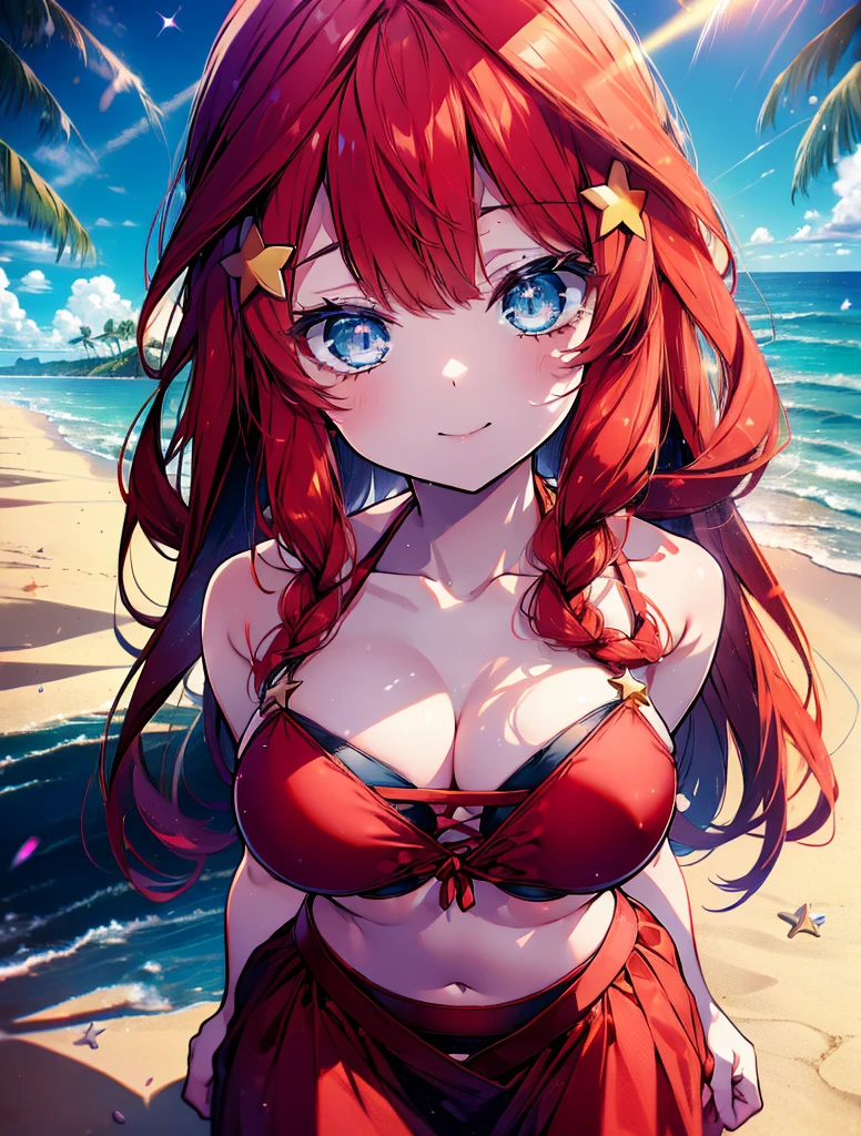 itsukinakano, itsuki nakano, bangs, blue eyes, Hair between the eyes, Ahoge, Redhead, star \(symbol\), hair ornaments, star hair ornaments,Big Breasts,Long braids,happy smile, smile, Open your mouth,belly button,Red Bikini Swimsuit,barefoot,red belly dancer,pararel, A bright red blanket is wrapped around his waist...,(Beach salon), Big Breasts,((salon)), Beach outfit,Real Summer,Palm tree,whole bodyがイラストに入るように,
break outdoors, Beach,
break looking at viewer, whole body,
break (masterpiece:1.2), Highest quality, High resolution, unity 8k wallpaper, (shape:0.8), (Beautiful and beautiful eyes:1.6), Highly detailed face, Perfect lighting, Highly detailed CG, (Perfect hands, Perfect Anatomy),